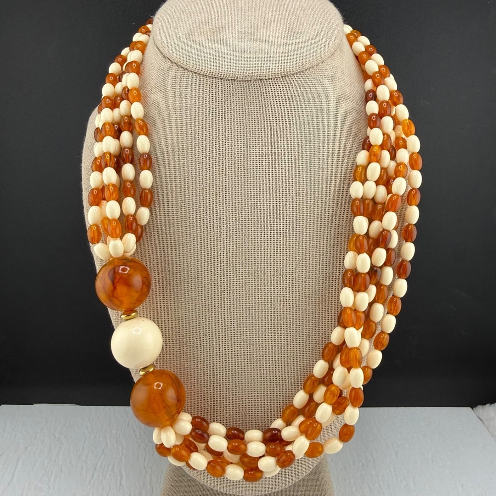 Vintage Estate Beaded Necklace Rootbeer Brown Cream Layered Acrylic 21in